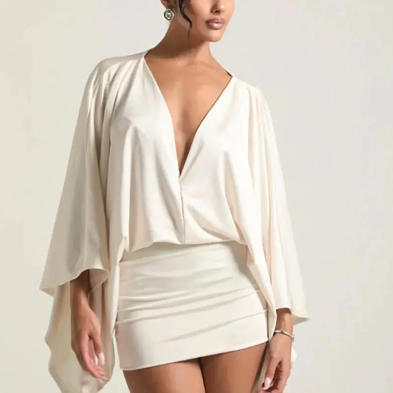 New Autumn Chic Deep V-Neck Boho Dress Retro Solid Spliced Flare Sleeve Prom Dress Spring Woman Club Elegant Slim Fit Mini Dress — image 3