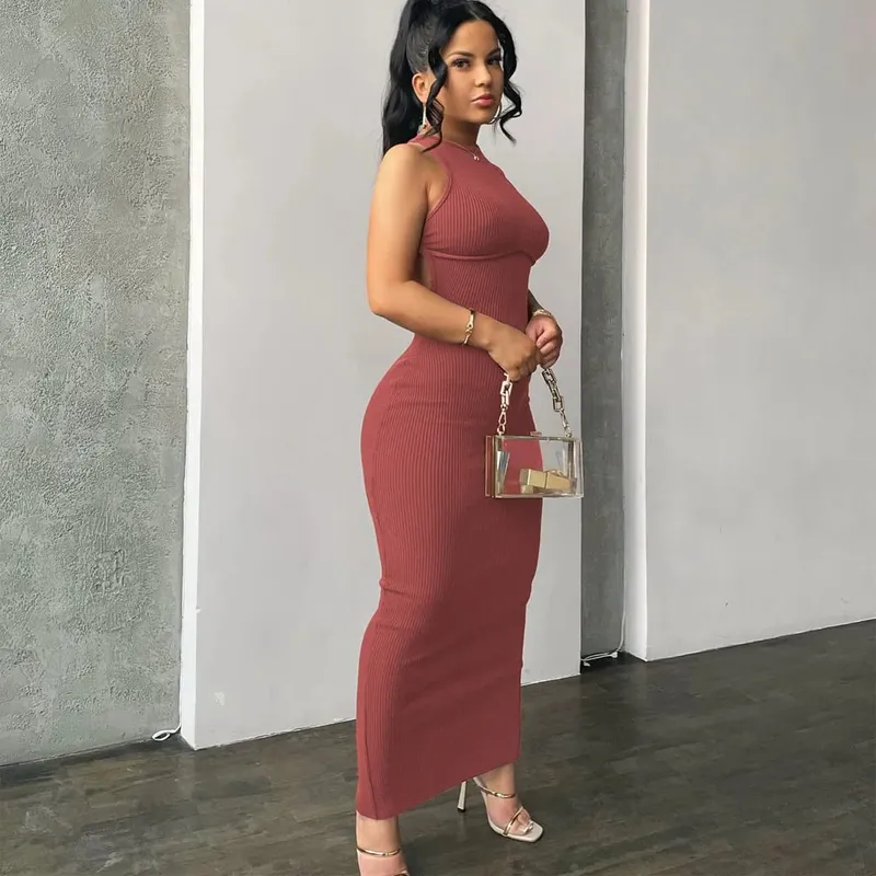 Hugcitar Ribbed Solid Hollow Out Backless Sleeveless Sexy Slit Mini Dress Bodycon 2025 Spring Women Outfits Elegant Party Y2K