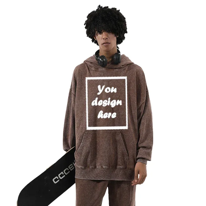 Men's personalized custom-printed washed vintage hooded warm sports wear thick 350 grams comfortable and warm. — image 8
