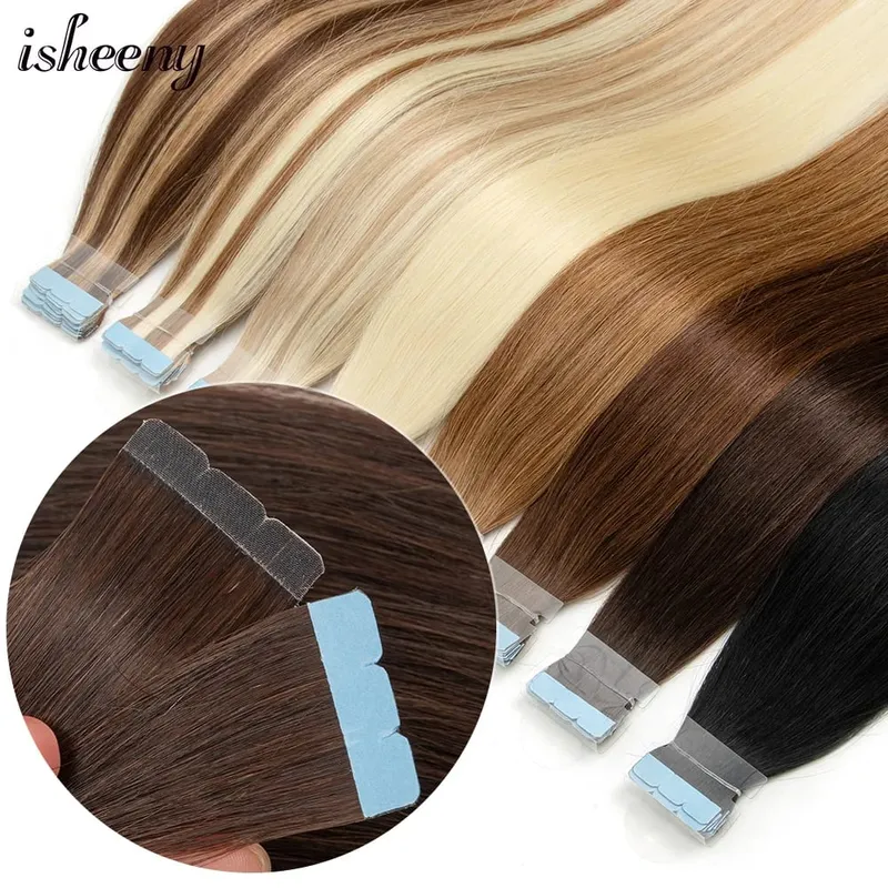 Isheeny 12"-24" Mini Tape Hair Extensions Machine Remy Skin Weft Adhesive Tape In Human Hair Natural Black Brown Blonde 10pcs