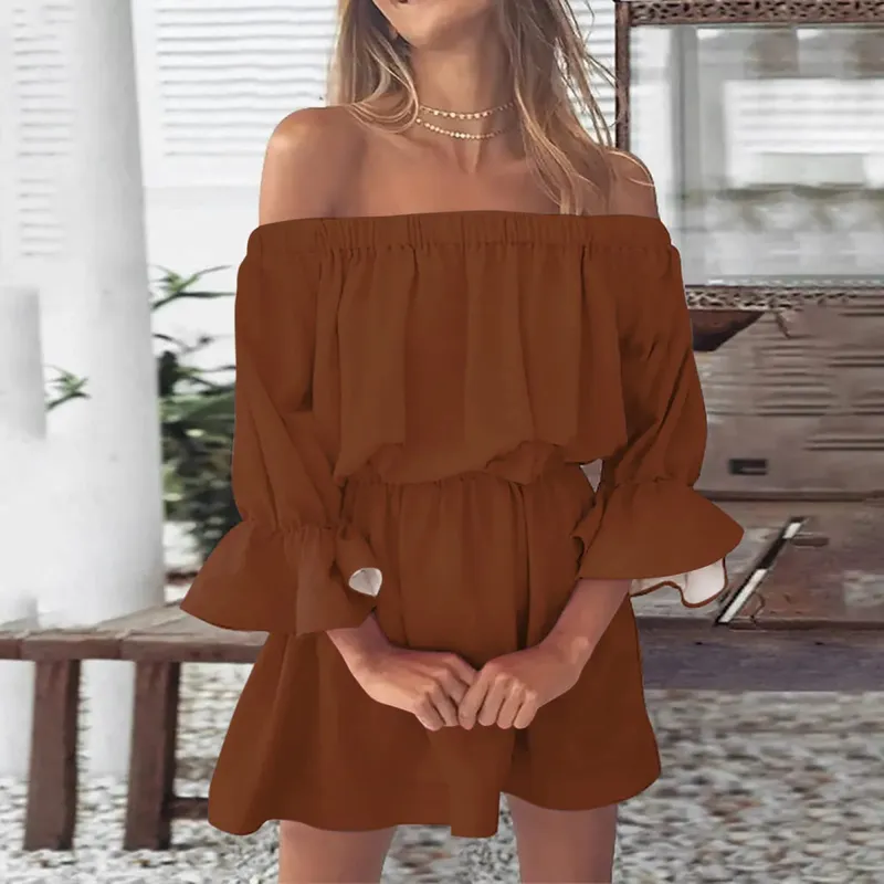 Sexy Off Shoulder Tunic Dress Women Solid Color Flare Sleeve Elastic Waisted Short Dresses Streetwear Midi Dress Ropa De Mujer