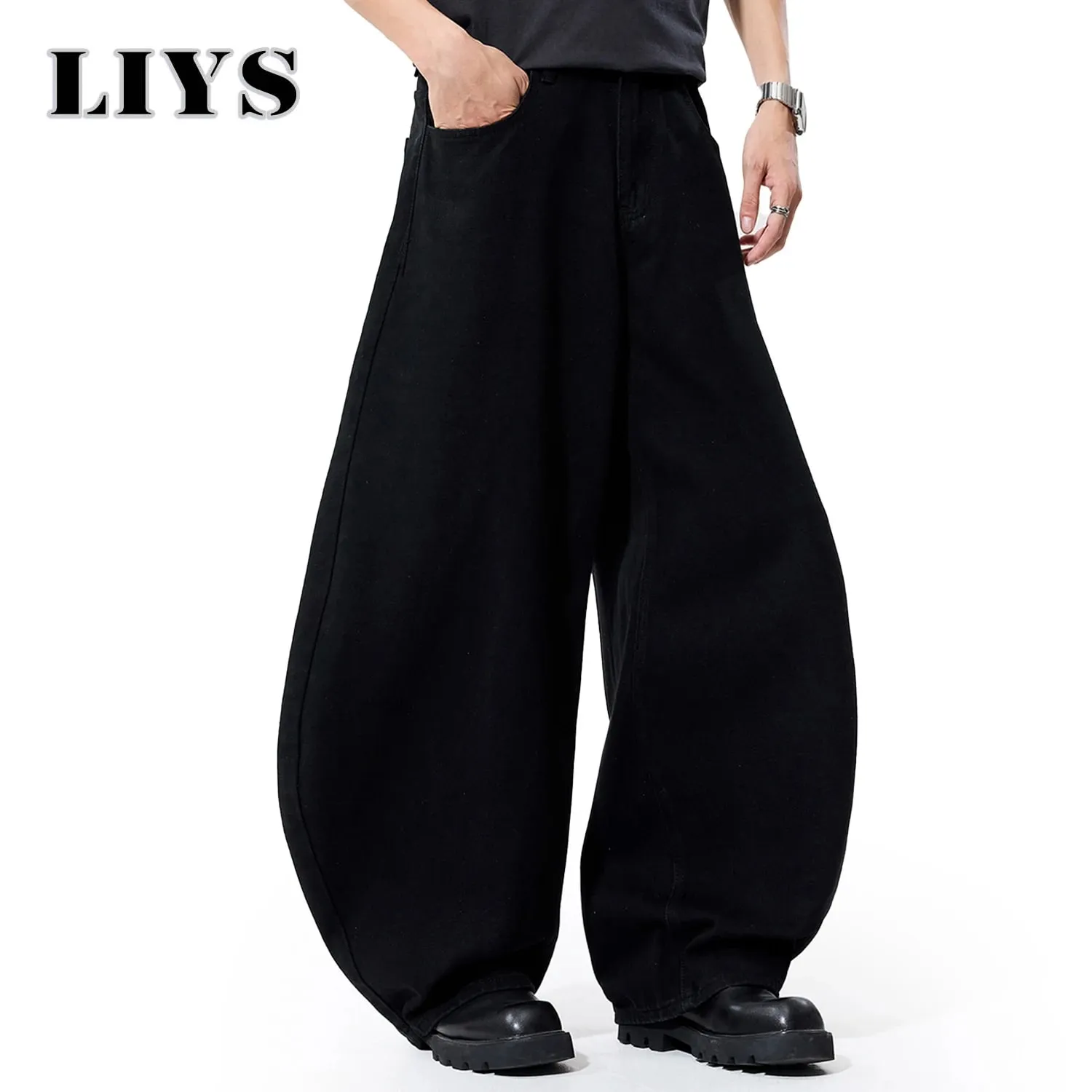 Liys Men's Black Ultra Wide Leg Jeans Baggy Fitting Denim Pants Man Solid Streetwear Daily Casual Fashion Lantern Balloon Jeans — image 4