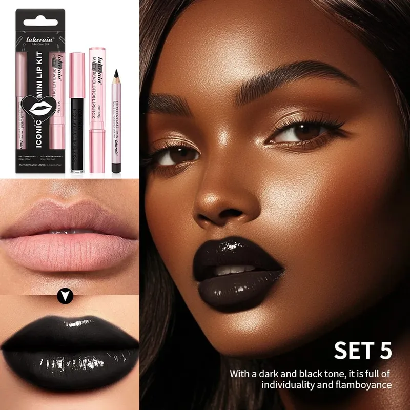 3pcs Halloween Black Lip Set Waterproof Long Lasting Matte Velvet Lip Gloss Lip Liner Black Lip Stain Halloween Goth Makeup
