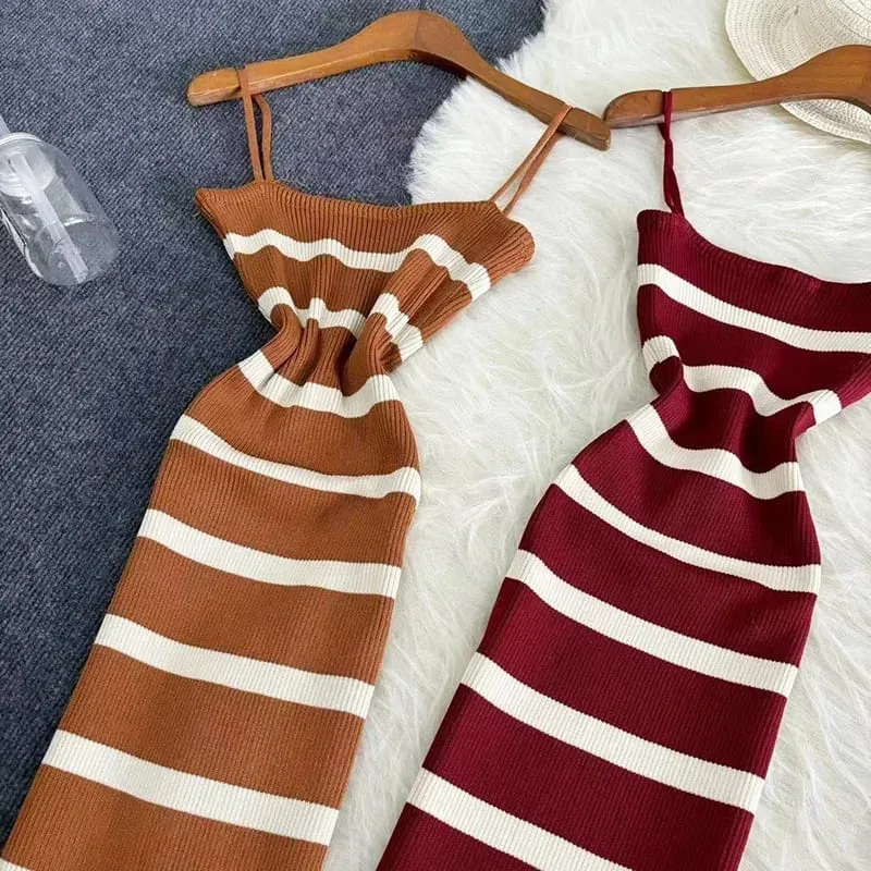 Summer Stripe Elastic Bodycon Strap Kjole 2024 Sexet Strand Solkjole Kvinder Casual Slank Blyant Vestidos Maxi Lang Kjole — image 7