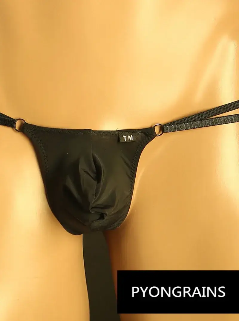 Men Adjustable Metal O-Ring Double Thin Strap Bikini Briefs Low Rise Silky Ice Silk 3D U Convex Pouch Sexy Male Underwear