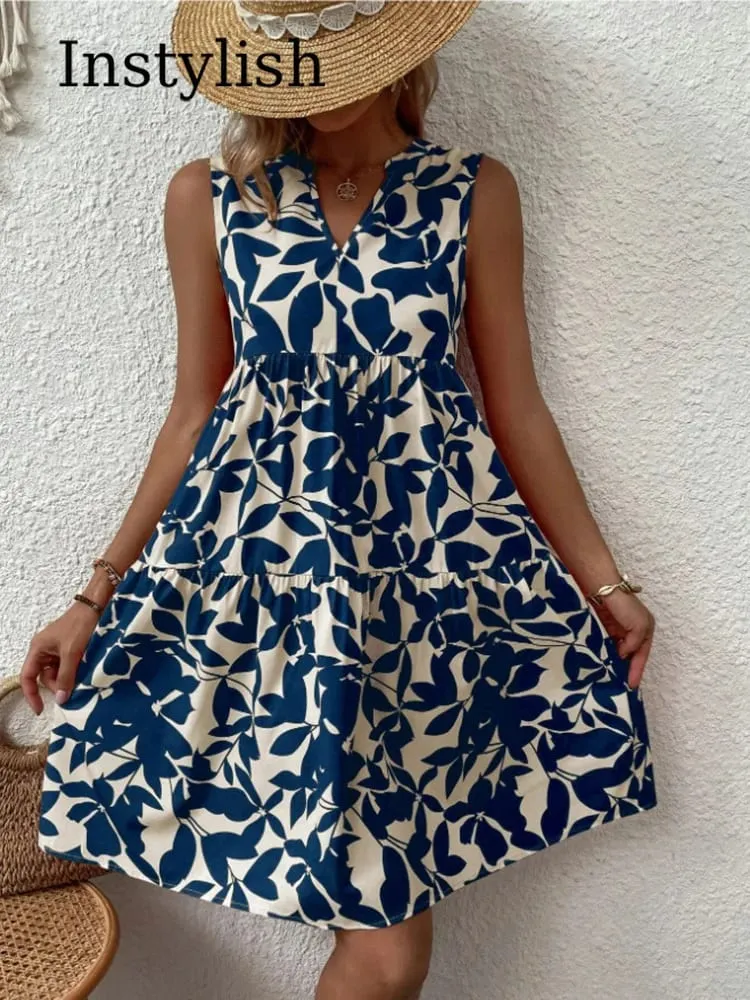Damen Boho-Druck-Minikleid, Sommer, elegant, ärmellos, V-Ausschnitt, Rüschen, A-Linie, Tank-Kleid, lässig, locker, übergroß, Strand, Party, Sommerkleid — image 3
