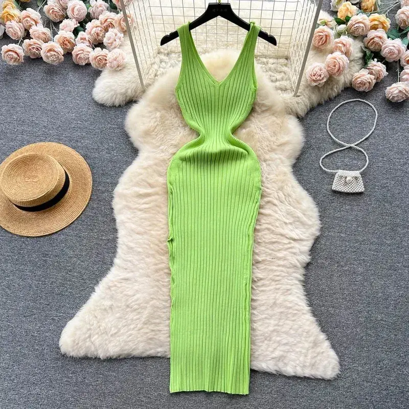 Women V Neck Solid Ribben Knitted Dresses Casual All Match Slimple Sexy Package Hips Bodycon Dress Elegant Vestidos Streetwear — image 3