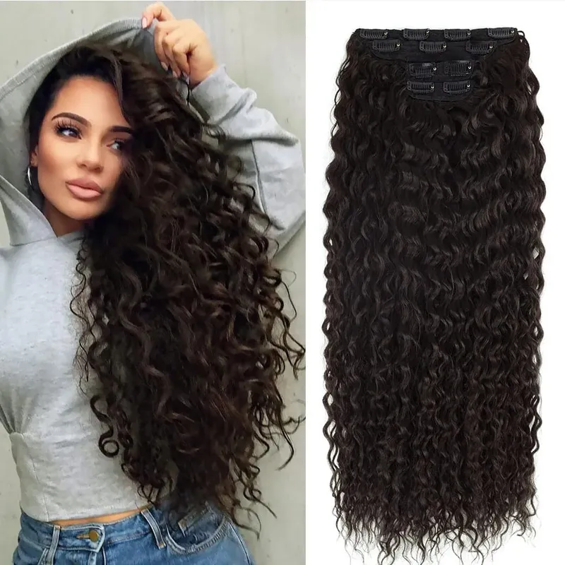 Synthetic Clip In Fitting Extension Full Head Long Kinky Curly Wig Fake False Hair Pieces Clip-on Black Brown Hairpin For Women — image 9