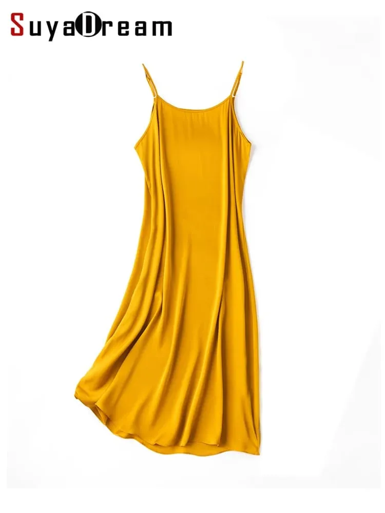 SuyaDream Women Silk Dress 93%Silk 7%Spandex Spaghetti Strap Mid Dresses 2024 Summer New Clothes Blue — image 1