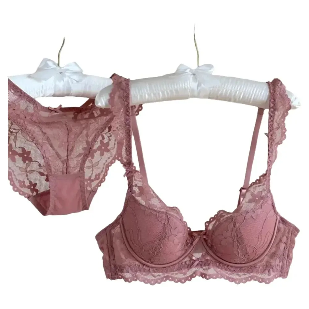 Sexy Lace Bow Thin Section Bra Small Breasts Gathered Collect Vice Breasts Comfortable Soft Steel Ring Anti-Sagging Bra Set — image 1