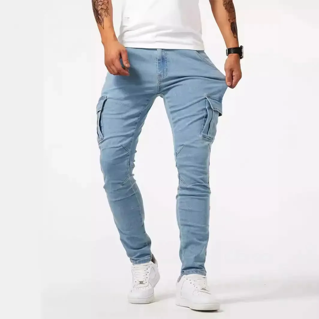 Men's street stretch denim jeans washed solid color multi pocket work pants casual slim fit daily wear jogging pants mid wa — image 4