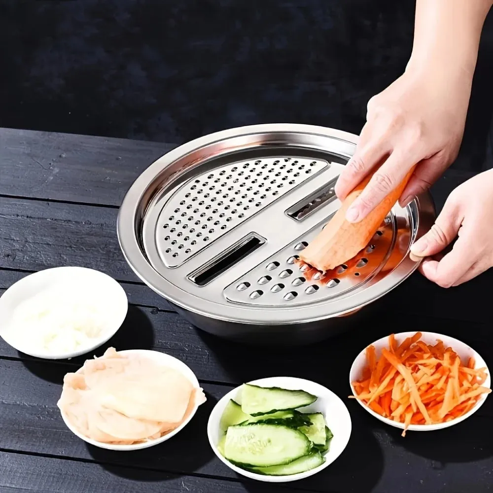 3pcs Stainless Steel Multi-Functional Kitchen Grater Set Draining Bowl with Vegetable Washing Mandoline Slicer for Potato — image 8