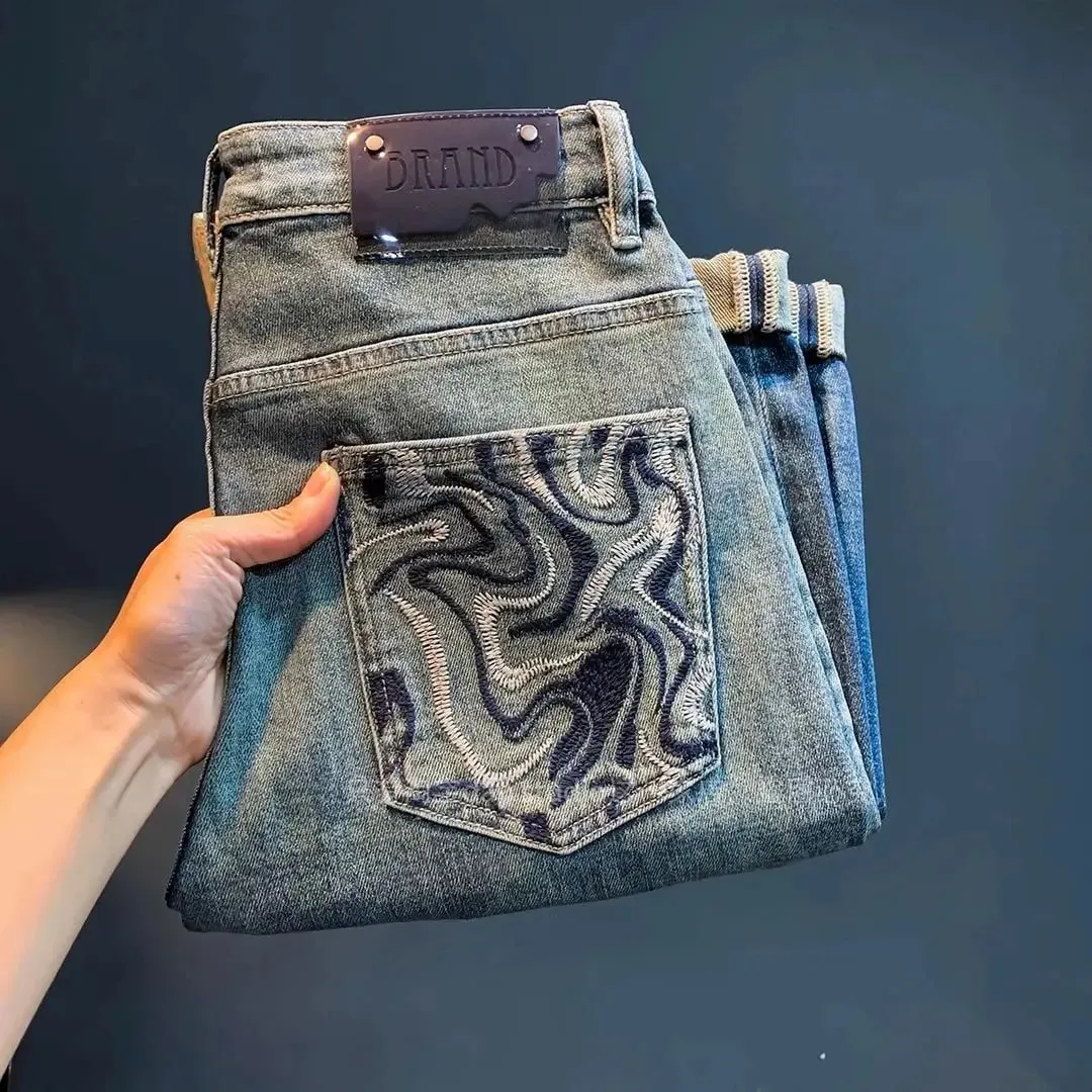 Jeans Men Luxury Summer Cowboy Men's High-end Jeans Autumn New Loose Gradual Washed Embroidery Narrow Feet Denim Trousers — image 9