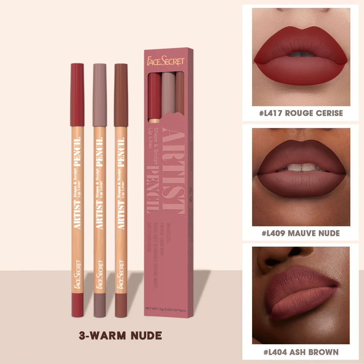 Face Secret 3pcs Set Nude Lip Liner Natural Matte Long-Lasting Waterproof High Pigmented Hook Line Lip Pencil Makeup — image 9