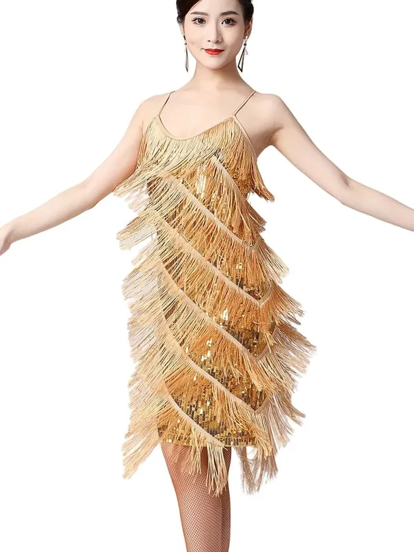 Wanita 1920-an Vintage Great Gatsby Party Dress Sequin Dress Seksi V-Neck Summer Cami Dress Gold Fringe Dress Vestidos Flapper Costumes — image 4
