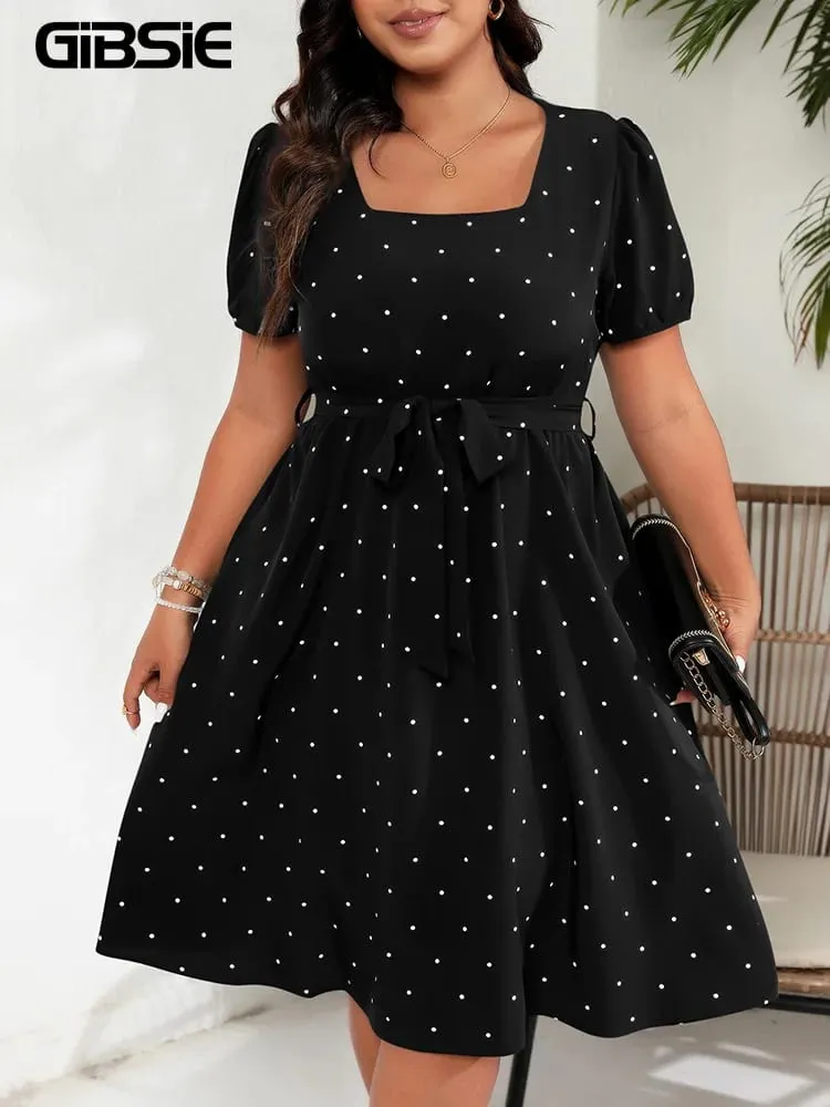 Plus Size Square Neck Polka Dot Bæltekjole Dame Elegant Retro Pufærmer Højtalje Sommer A-line Big Swing Kjoler — image 2