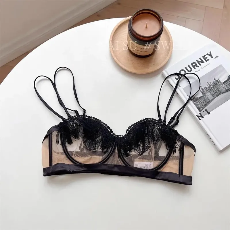 Premium Sheer Mesh Bra Set Fringed Lace Half-Cup Minimizer Ultra-Thin Luxury Lingerie Full Bust Coverage Slim Silhouette — image 8