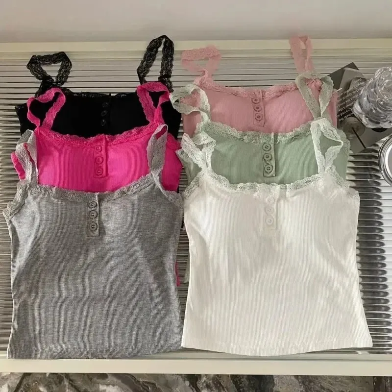 2024 Solid Color Knit Tank Top Vest Women Female Slim Undershirt Sexy Lace Camisole With Chest Pad Crop Tops Sleeveless T Shirt — image 6