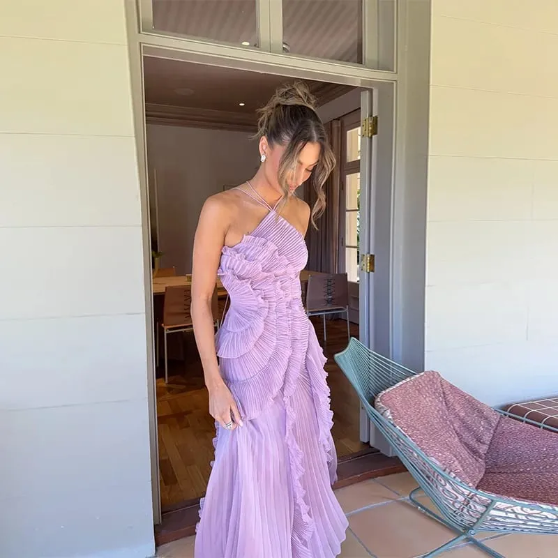 Elegant Purple Halter A Line Prom Gowns Ruffles Tiered Backless Party Gown Summer Vacation Chiffon Long Evening Dress — image 3