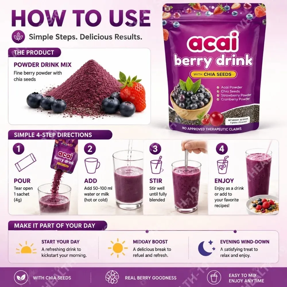 Acai-Beeren-Getränkepulver mit Chia-Samen, Erdbeere und Cranberry für antioxidatives tägliches Wohlbefinden und Unterstützung des Immunsystems für Erwachsene, 40 g