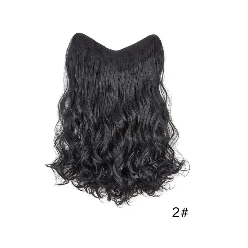 18Inch Long Synthetic Curly Wavy 4Clip One Piece V-shaped Clip in Hair Extensions Black Brown Hairpieces for Women