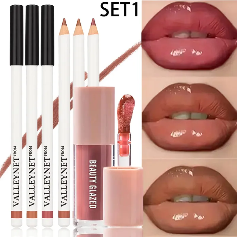 4pcs/set Lip Combo: 3Pcs Matte Lip Liners + 1 Lip Oil Matte Long Lasting Waterproof Velvety Perfect for Everyday Makeup