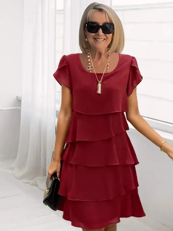 Women's Solid Color Round Neck Short Sleeve Casual Multi-Layered Mini Dress — image 4