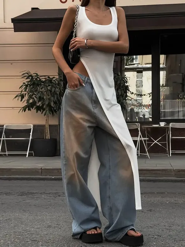 섹시한 민소매 사이드 하이 스플릿 미디 드레스 백리스 여성 여름 파티 클럽 streetwear y2k 스타일 솔리드 컬러 — image 5