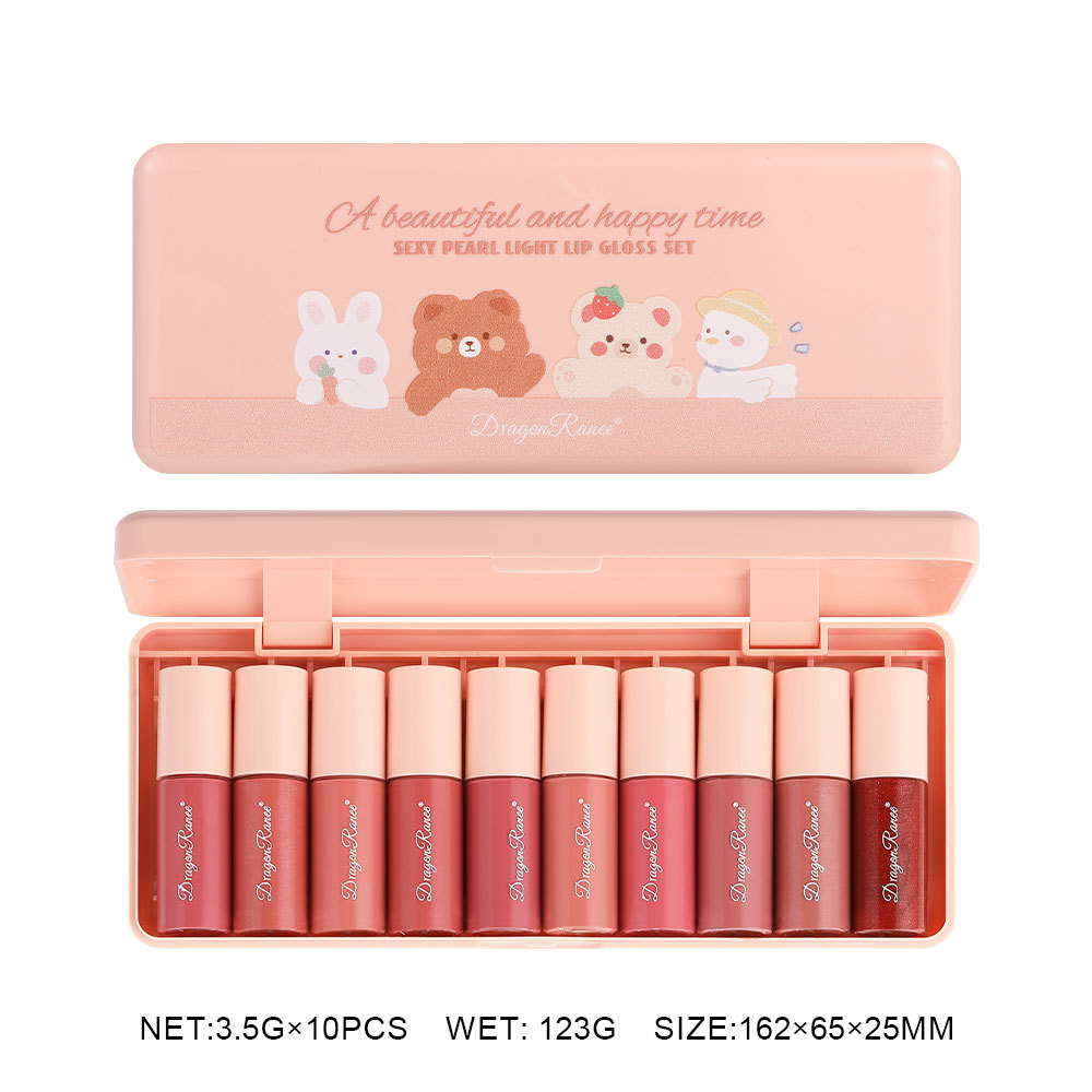 10Pcs/Box Mini Lip Gloss Set Waterproof Cartoon Lip Glaze Long Lasting Moisturizing Mirror Liquid Lipstick Cosmetic Lips Makeup