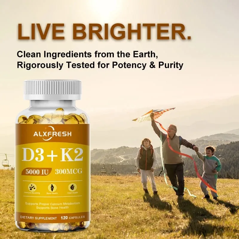 Vitamin D3+K2 5000 IU 300 MCG Vitamins Capsules | Non-GMO Vegan Nutural Gluten-free | Health Supplement