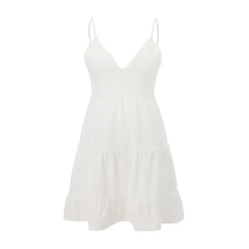 Summer Spaghetti Strap Dress Women Boho Embroidery Waisted Short Dresses Ladies A Line Backless Ruffled Lace Up Sling Dress — image 5