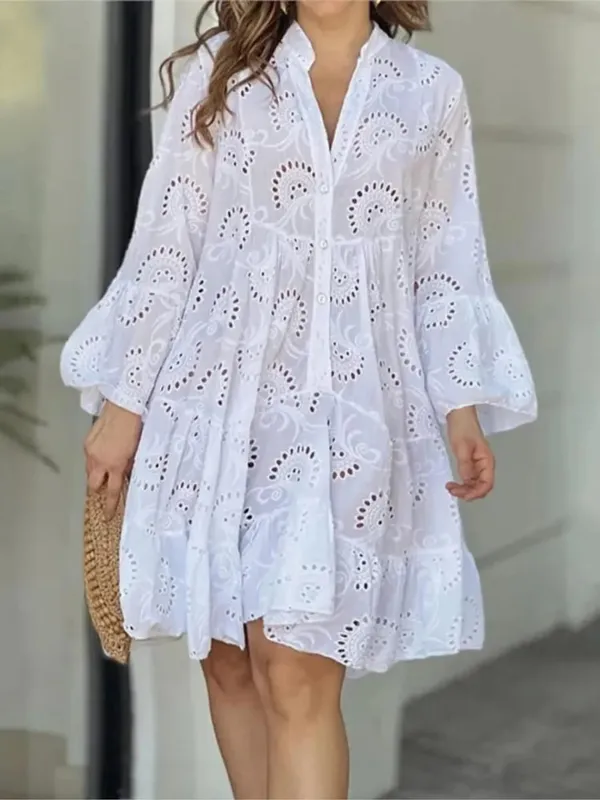Customizable Summer Loose Vintage Solid Lace Dress Fashion V-neck Flare Sleeve Embroidery Dress