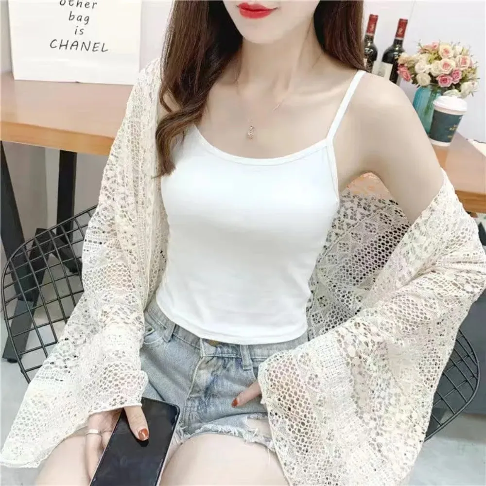 Casual U Neck Summer Tank Tops Sleeveless With Lace Fitted Tops Underwear Loose Cami Top Shirt for Women — image 8