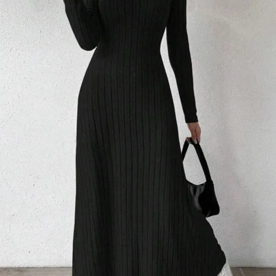 Fashionable Knitted Long Sleeve A-Line Dress Slim Fit Solid Color Street Style Women's Dress Comfortable Casual Elegant Commute — image 4