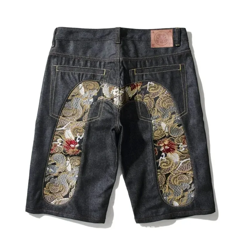 Men Embroidery Denim Shorts Black Hiphop Jeans Pants Cherry Blossom Dragon Totem Washed Zipper Cotton Summer cherry blossoms 024 — image 7