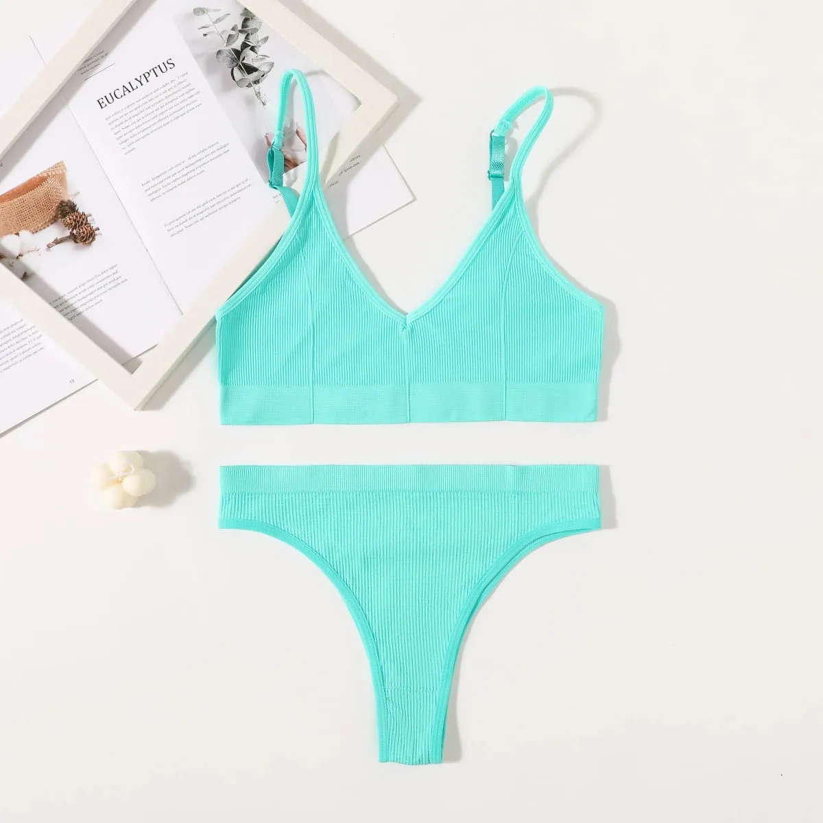 Women Seamless Bra Set Push Up Bras V-neck Tops High Rise Briefs Seamless Underwear Wire Free Brassiere Sexy Lingerie Set