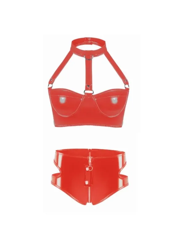 Womens Lingerie Intimates Underwear Set Rave Wet Look Patent Leather Wire-free No Padded Belly Bra Top with Zipper Panty Briefs — image 8