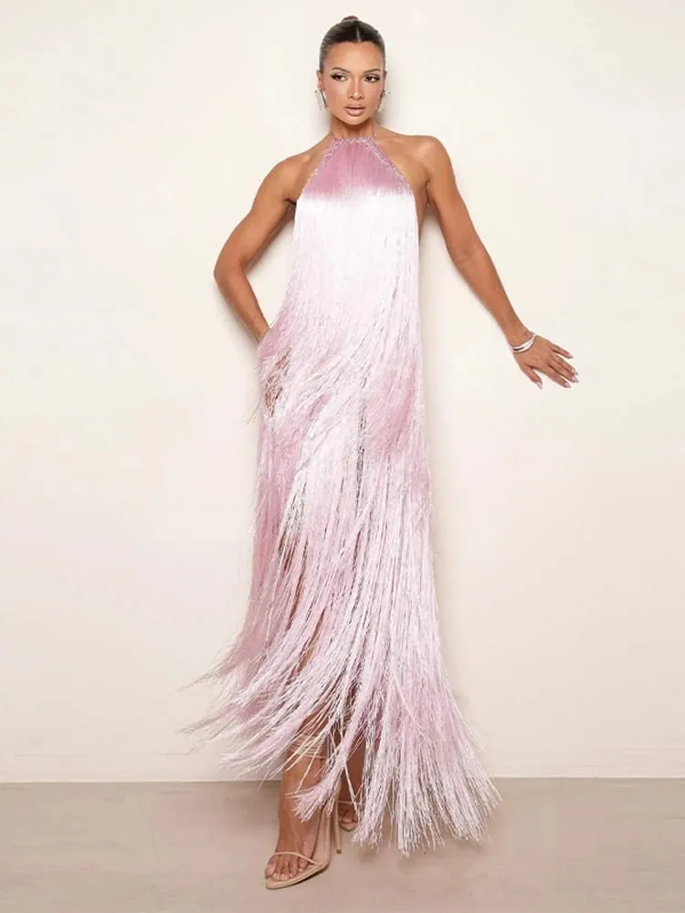 Vestido de festa feminino halter sem mangas sem costas borla sólida feminino longo vestidos de férias 2026 moda verão elegante senhora robe — image 3