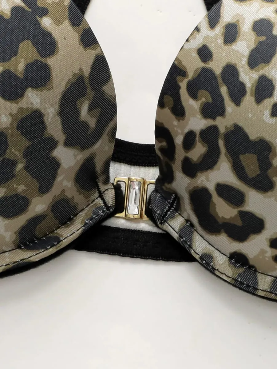 Women's Sexy Underwear Set Leopard Pattern Bra with Steel Ring Front Closure Comfortable and Breathable Lace Panty — image 3