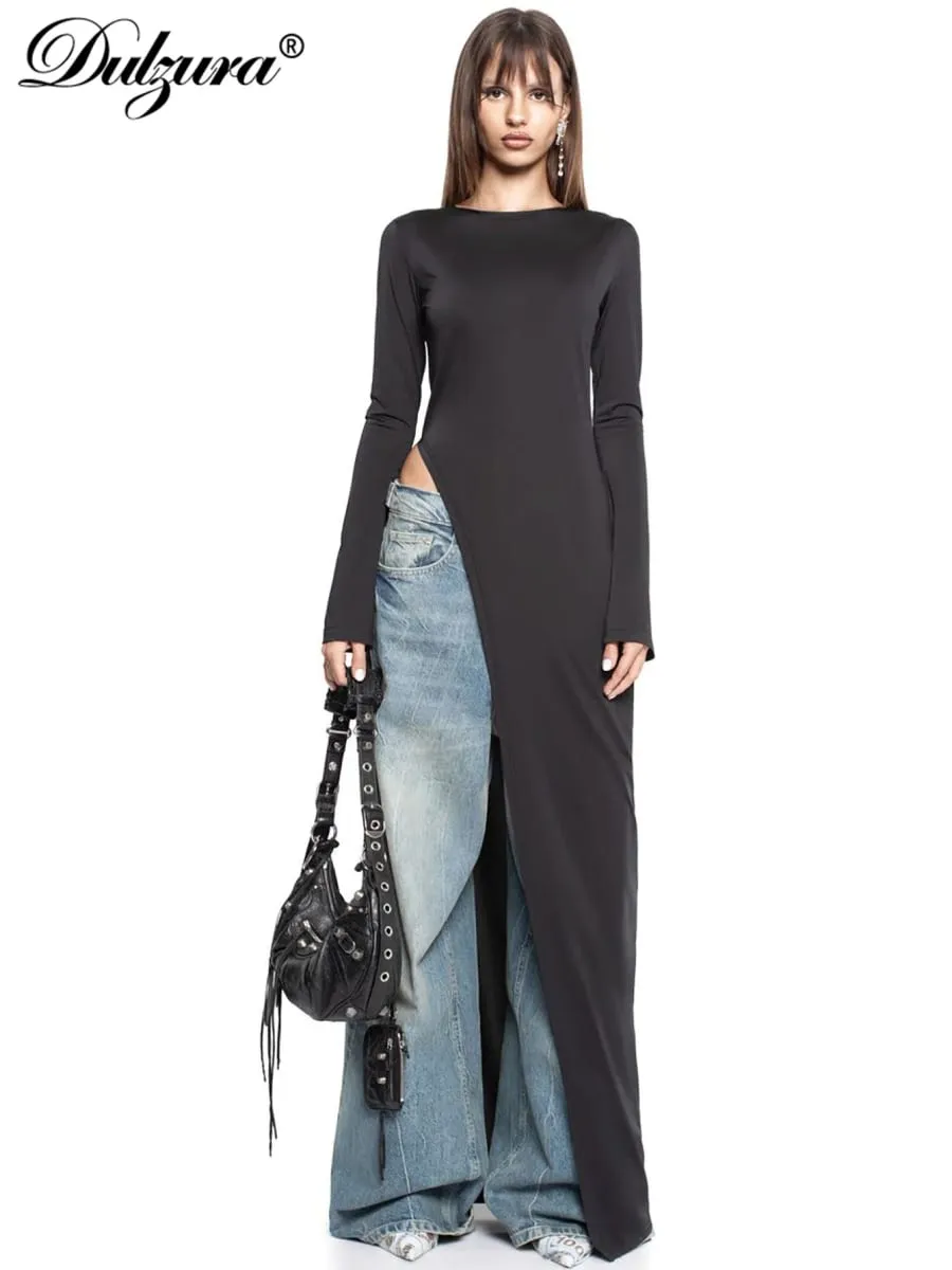 Dulzura Long Sleeves Side High Slit Maxi Dress Solid Sexy Long Dress Women’S Party Club Streetwear Autumn Winter Outfit — image 5