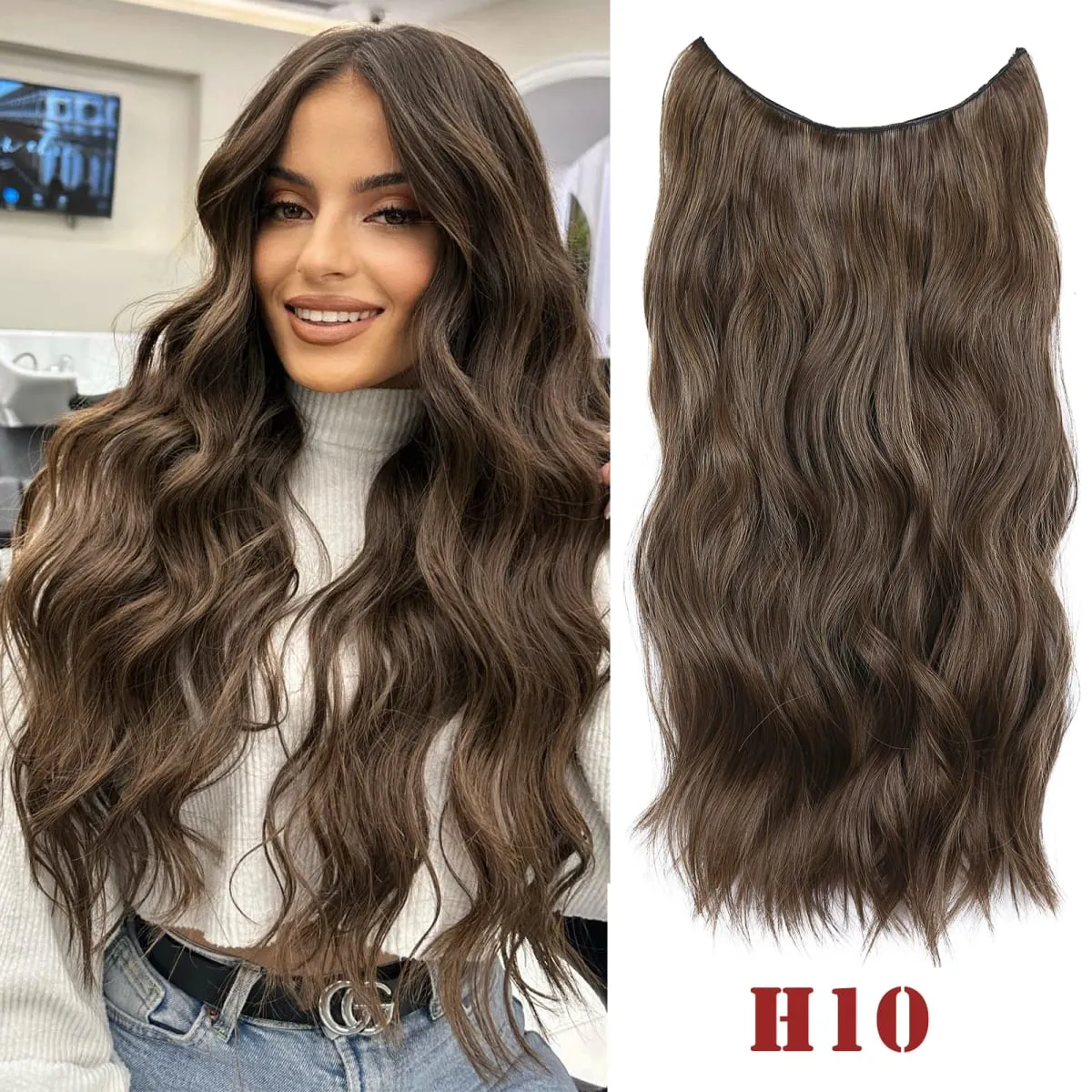 Invisible Wire Hair Extension Wavy Curly Synthetic Hairpiece Long 20Inch Fish Line Hair With 2 Clip-In One Piece For White Woman — image 19