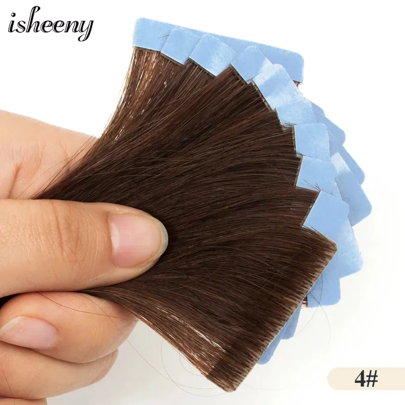 Isheeny Invisible Tape In Hair Extensions 12" 16" 20" Skin Weft Tape Ins 10ks Natural Straight Machine Made Remy Human Hair