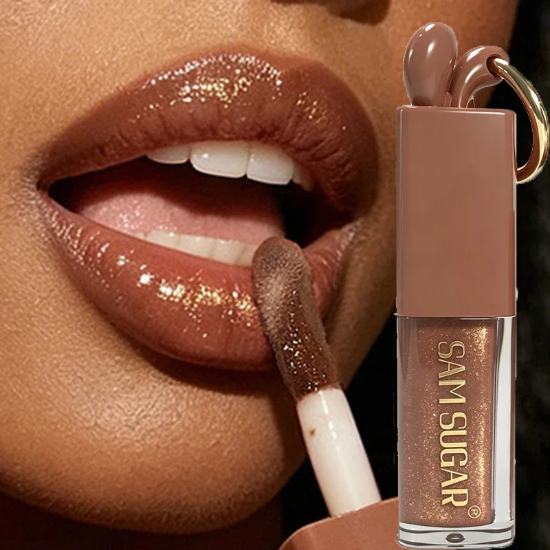 1pc Mirror Gold Shiny Brown Rabbit Lip Gloss Moisturizing Plumping Lip Gloss Liquid Lipstick Matte Chocolate Brown Lip Tint Tone