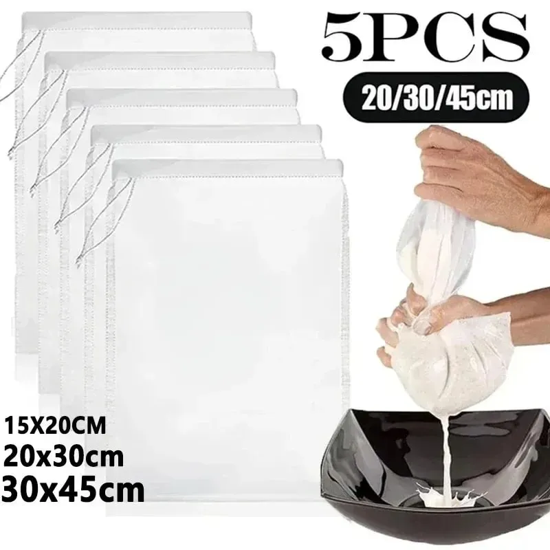 1/3/5Pcs Reusable Nut Milk Bags Strainers Unbleached Nylon Cheesecloth Bag Food Cheese Yogurt Filter Kitchen Fine Mesh Strainer — image 1