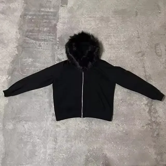 Fluffy Hat Hoodie Solid Color Casual Long Sleeve Hoodie Retro Coat Street Trend Y2K