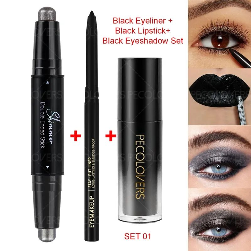 3PCS/SET Matte Lipstick+Black Eyeliner+Shiny Eyeshadow Pen Match to Create a Black Punk Makeup Halloween/Parties Daily Use