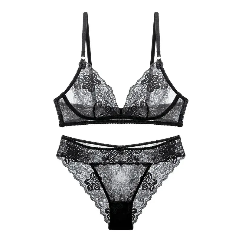 Ensemble de Lingerie Sexy en dentelle noire pour femmes, soutien-gorge et culotte confortables sans fil, grande taille — image 6