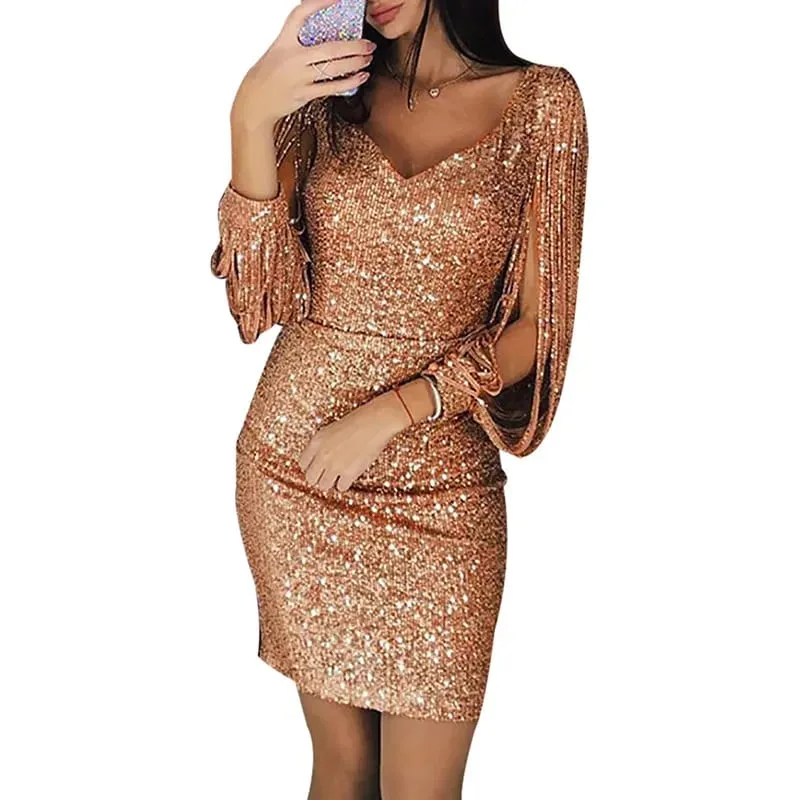 Mga Panggabing Dress para sa Babae Elegant Long Sleeve Sequin Mini Dresses Sexy Ruched Bodycon Sparkly Glitter Cocktail Party Dresses