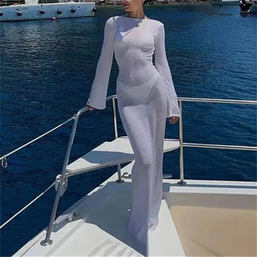 Robe longue de plage en maille pour femmes, manches longues, col rond, transparente, protection solaire, couleur unie, dos nu, été