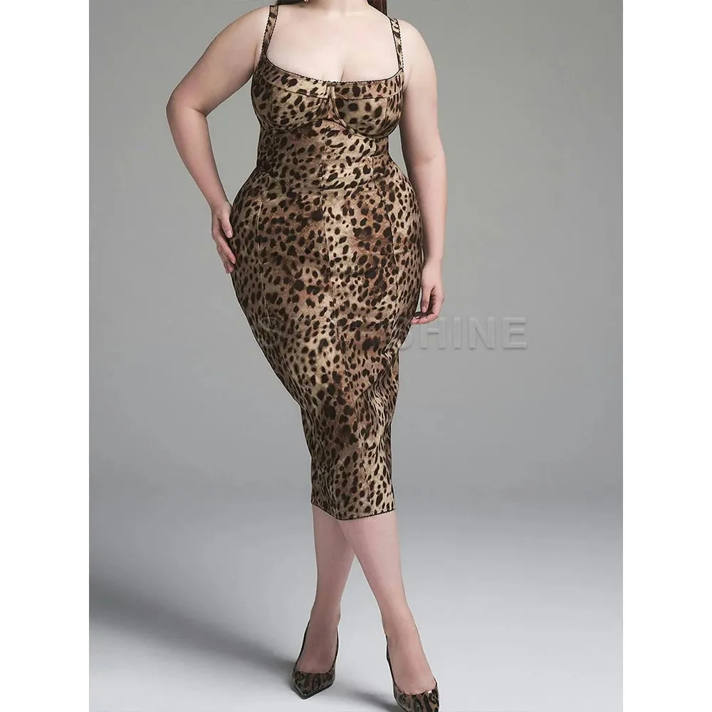Vestido feminino sexy com estampa de leopardo, sem mangas, justo, bodycon, meia panturrilha, roupa de balada, vestidos de festa à noite